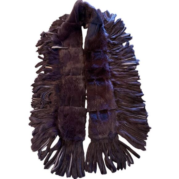 Aubergine Eggplant Purple Rabbit Fur Scarf Fringe Stunning 48" - Picture 1 of 6